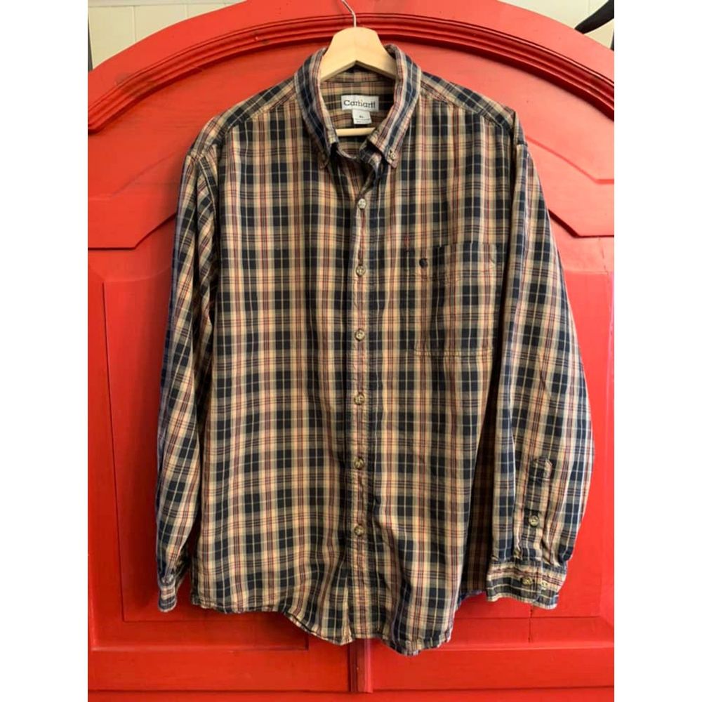 Carhartt XL Mens Button Down Plaid Dressy Long Sleeve Brown Black Red SHARP EUC
